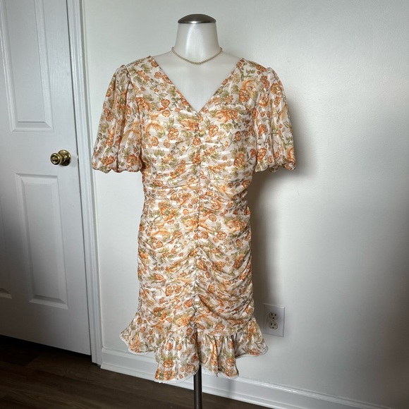 Gloria Floral Mini Puff Sleeved Yellow Spring Scrunch Dress medium - Picture 2 of 7